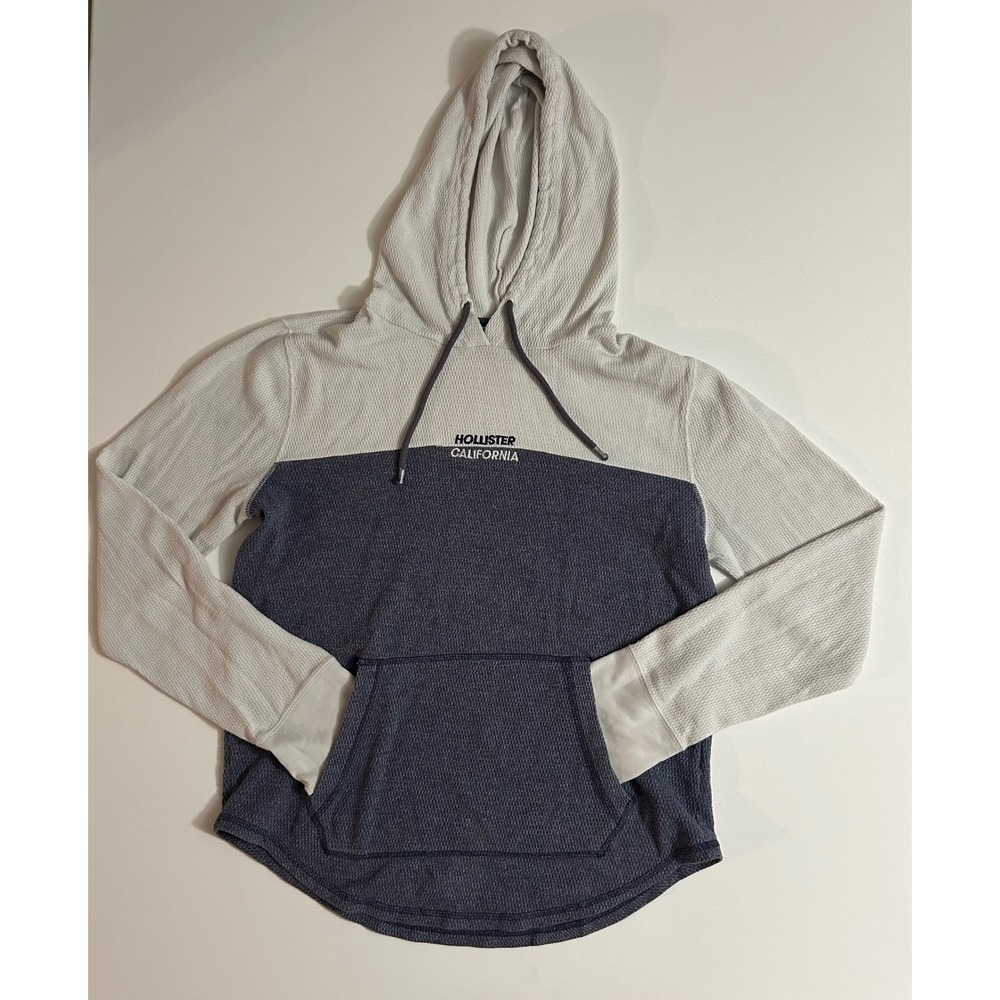 Hollister Mens Waffle Knit Hoodie Blue Grey Colorblock Thermal Pullover Large
